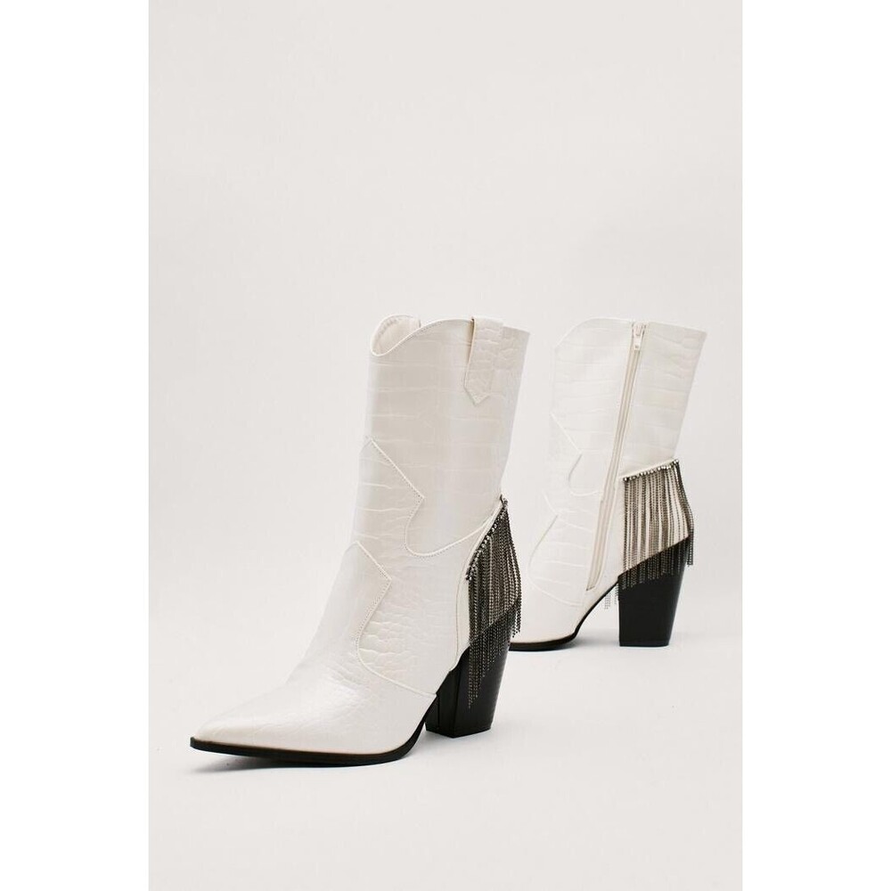 Nasty Gal Faux Croc Fringe‎ Rhinestone White Western Boots Size US Size 6, EU 37